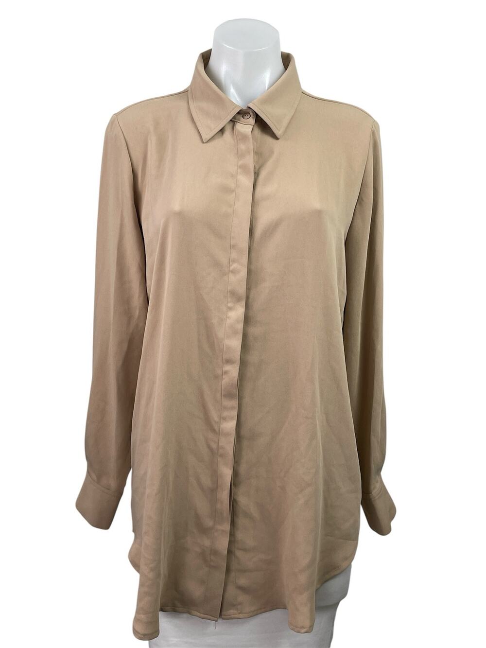 Tahari Women's Brown Long Sleeve Collared Button Down Relaxed Shirt Tunic Top M